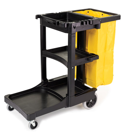 RUBBERMAID - JANITOR CART W/ ZIPPERED YEL VINYL BAG, BLACK